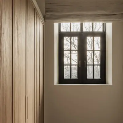 Kast in eikenhout naast een zwart raam met roman blind, Hoeve in Westkapelle, interieur Laura Calleeuw