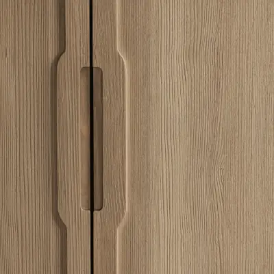 Detail van de ingefreesde greep op eikenhouten kastdeuren, Hoeve in Westkapelle, interieur Laura Calleeuw